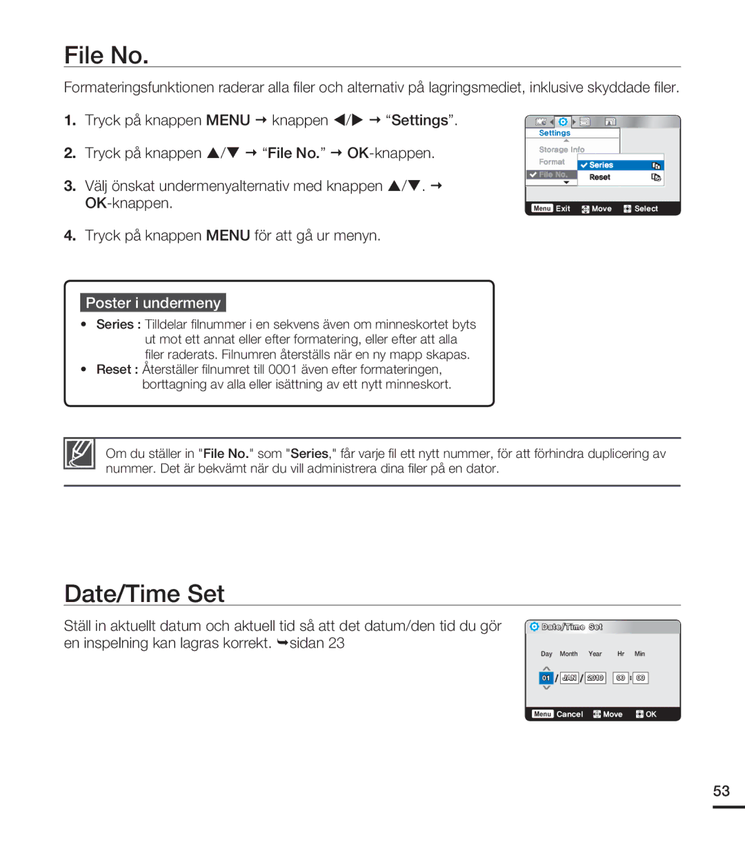 Samsung HMX-U20BP/EDC manual Date/Time Set, Tryck på knappen File No OK-knappen 