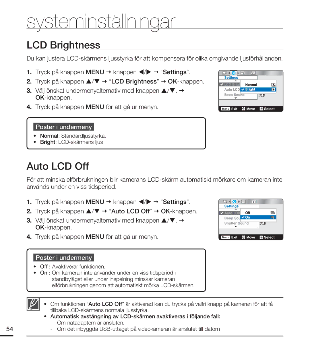 Samsung HMX-U20BP/EDC manual LCD Brightness, Auto LCD Off 