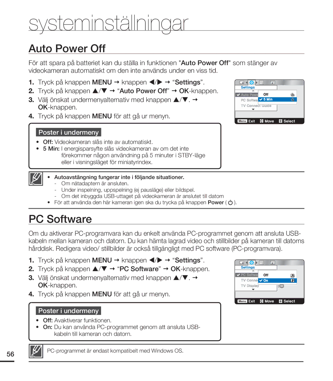 Samsung HMX-U20BP/EDC manual Auto Power Off, PC Software 