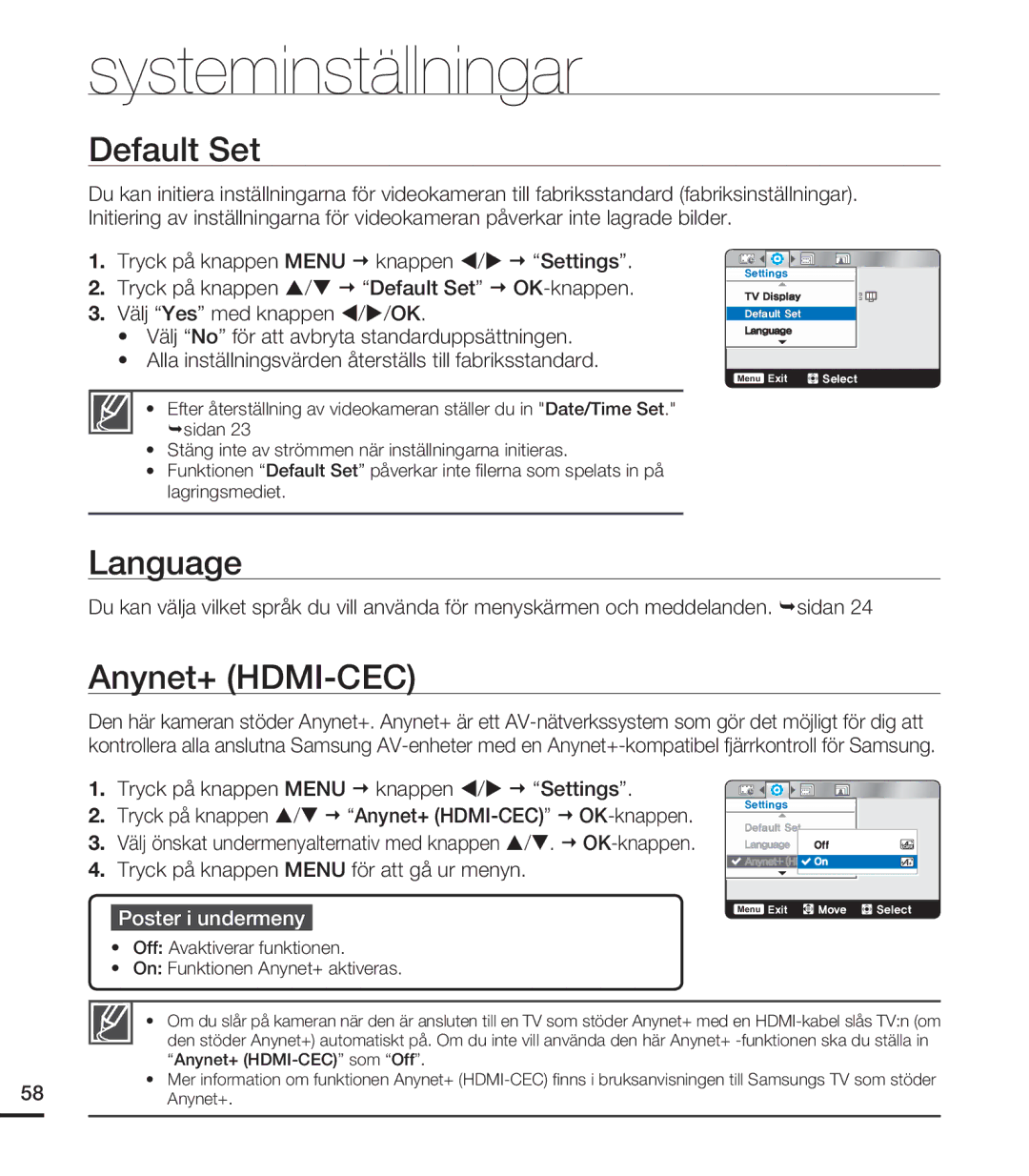 Samsung HMX-U20BP/EDC manual Default Set, Language, Tryck på knappen / Anynet+ HDMI-CEC OK-knappen 