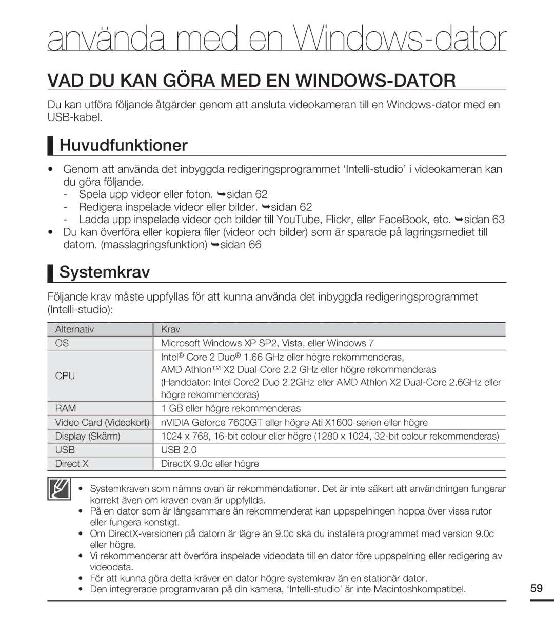 Samsung HMX-U20BP/EDC manual VAD DU KAN Göra MED EN WINDOWS-DATOR, Huvudfunktioner, Systemkrav 