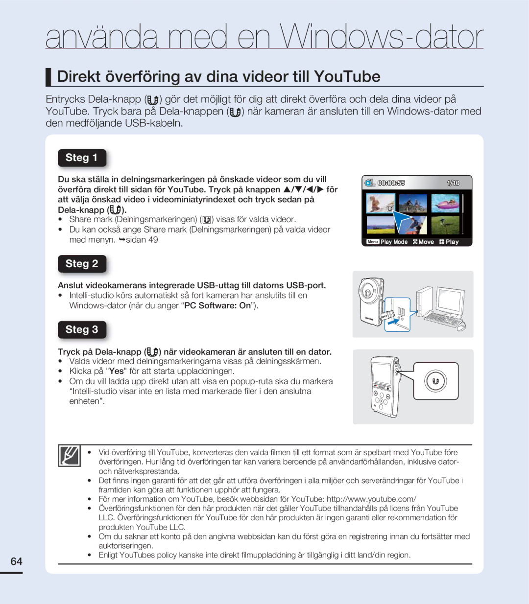 Samsung HMX-U20BP/EDC manual Direkt överföring av dina videor till YouTube, Steg 