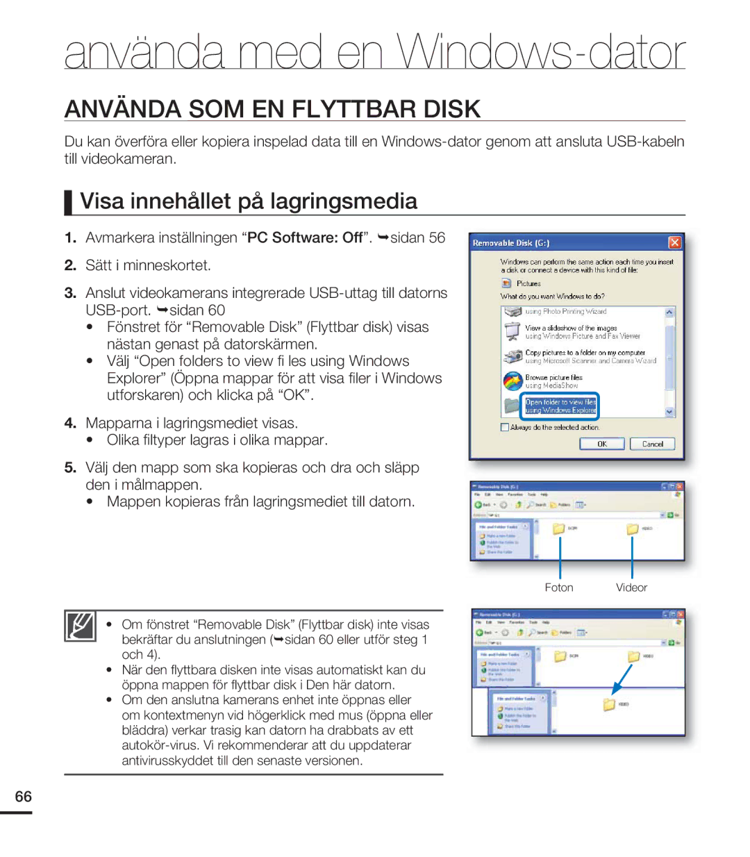 Samsung HMX-U20BP/EDC manual Använda SOM EN Flyttbar Disk, Visa innehållet på lagringsmedia 