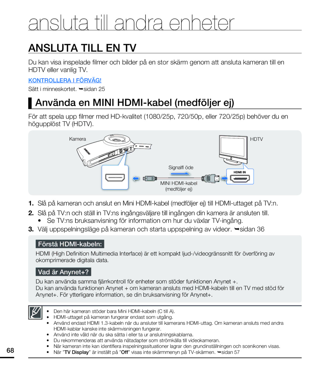 Samsung HMX-U20BP/EDC manual Ansluta till andra enheter, Ansluta Till EN TV, Använda en Mini HDMI-kabel medföljer ej 