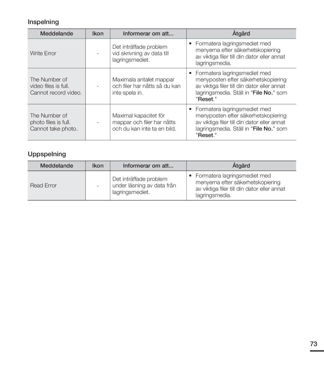 Samsung HMX-U20BP/EDC manual Inspelning, Uppspelning 