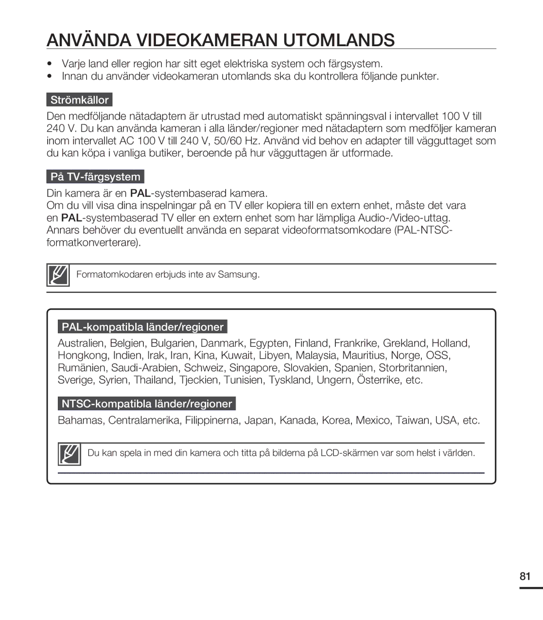 Samsung HMX-U20BP/EDC manual Använda Videokameran Utomlands, Strömkällor, På TV-färgsystem, PAL-kompatibla länder/regioner 