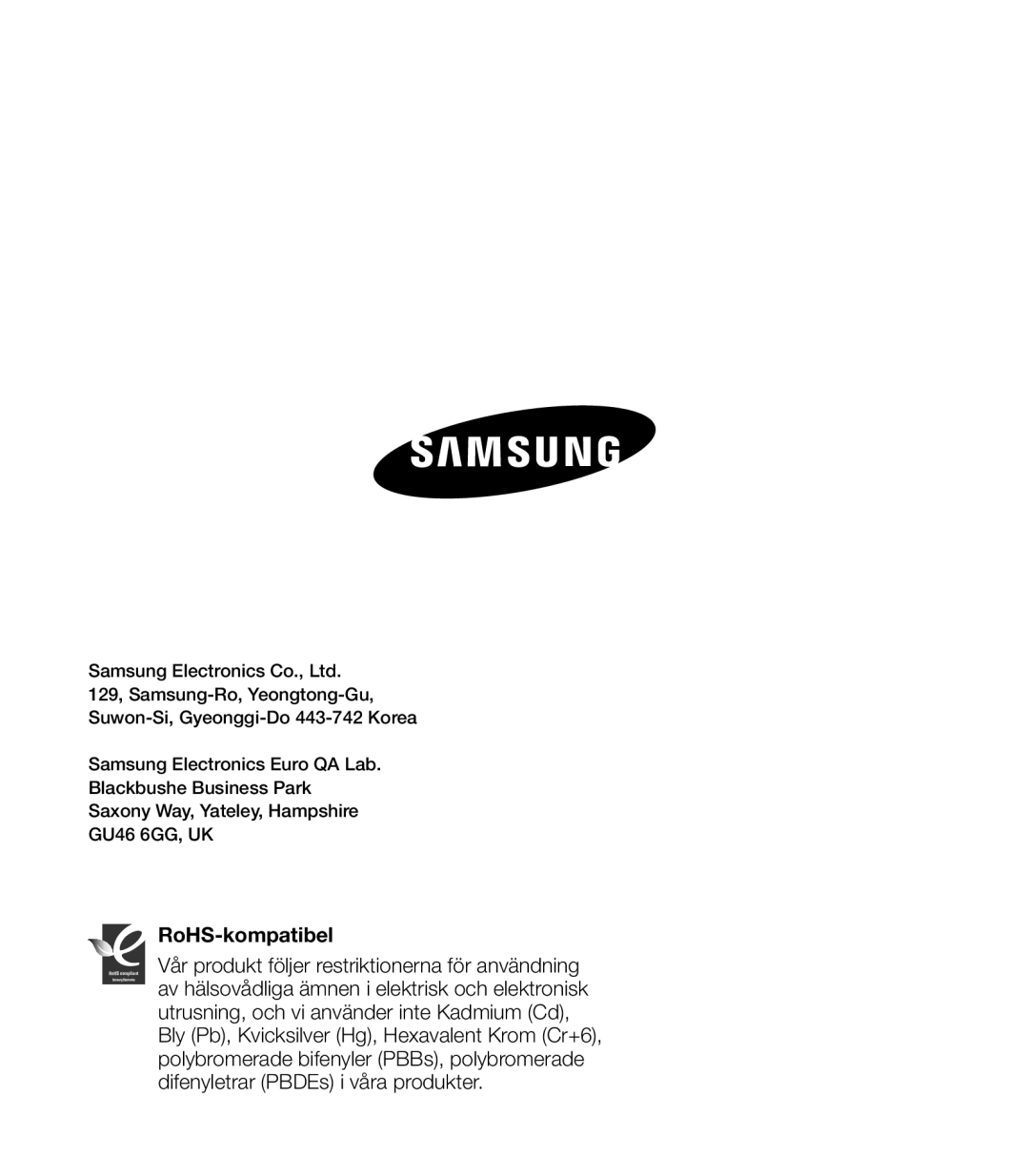 Samsung HMX-U20BP/EDC manual RoHS-kompatibel 