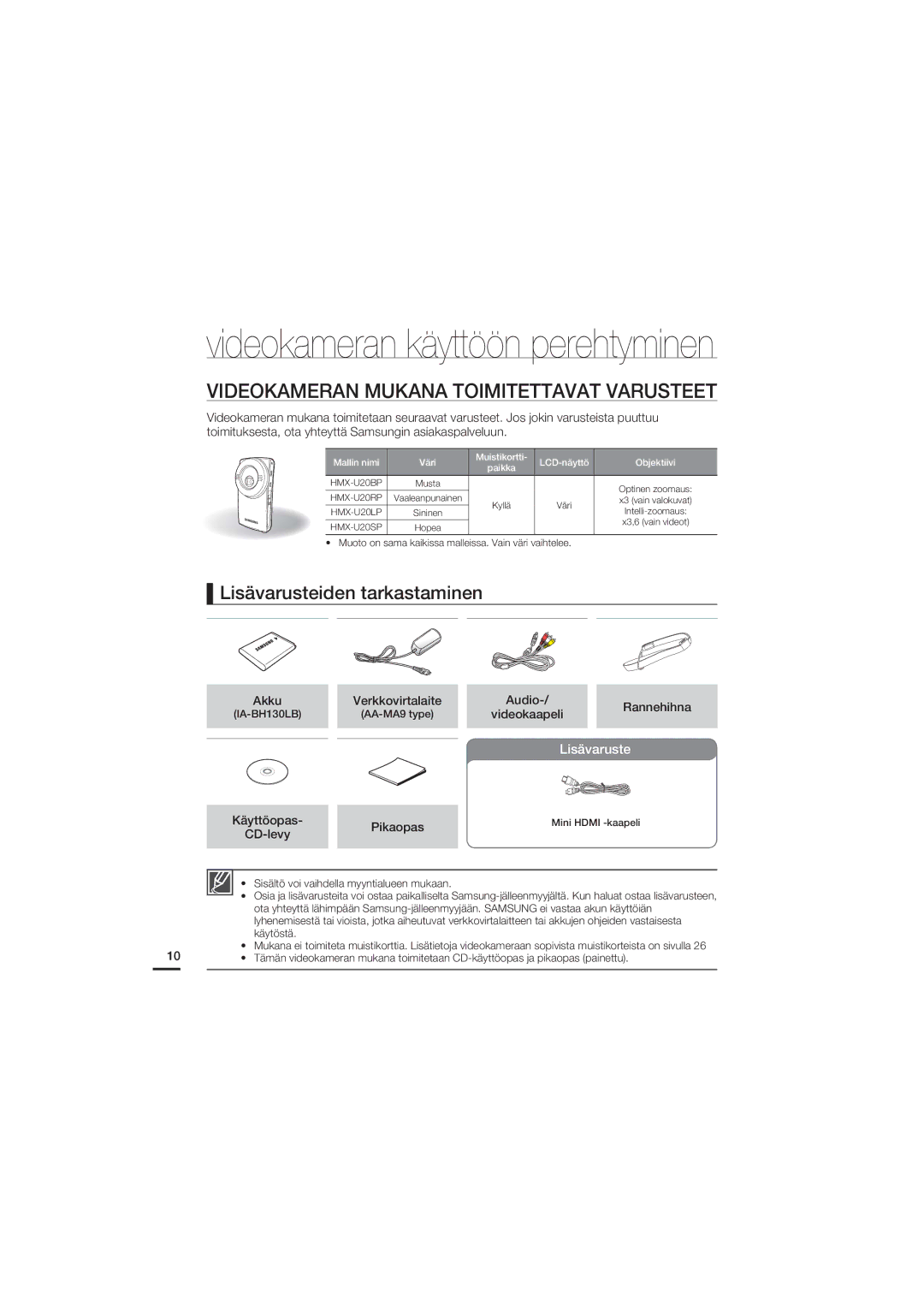 Samsung HMX-U20BP/EDC manual Videokameran Mukana Toimitettavat Varusteet, Lisävarusteiden tarkastaminen 