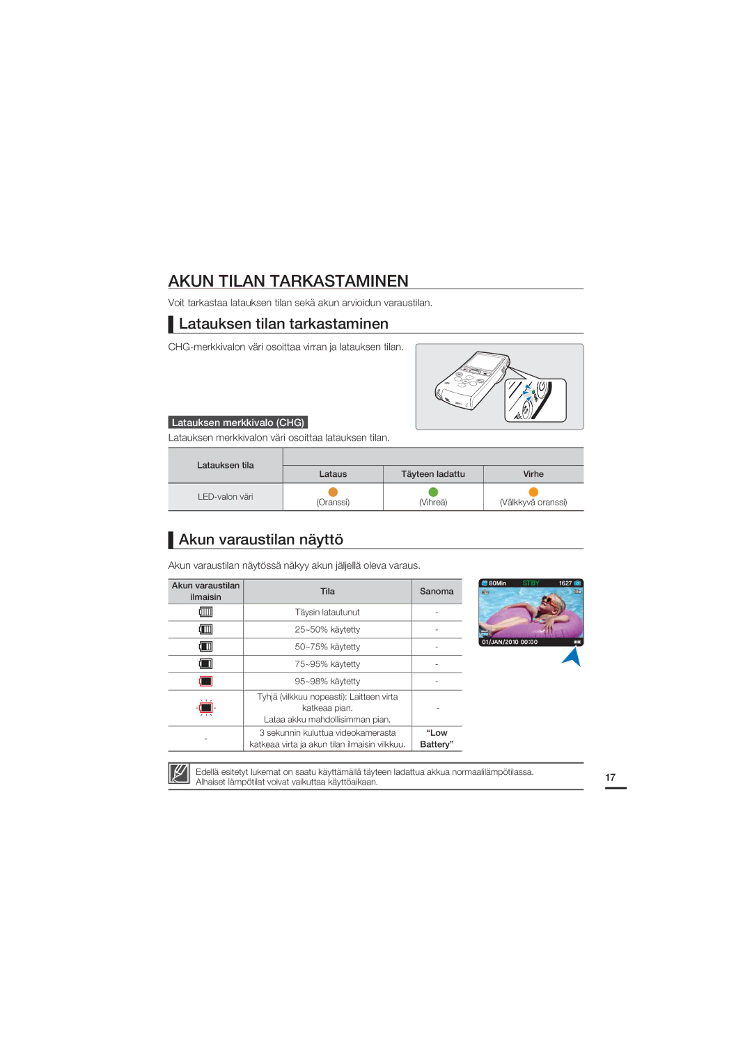 Samsung HMX-U20BP/EDC manual Akun Tilan Tarkastaminen, Latauksen tilan tarkastaminen, Akun varaustilan näyttö 