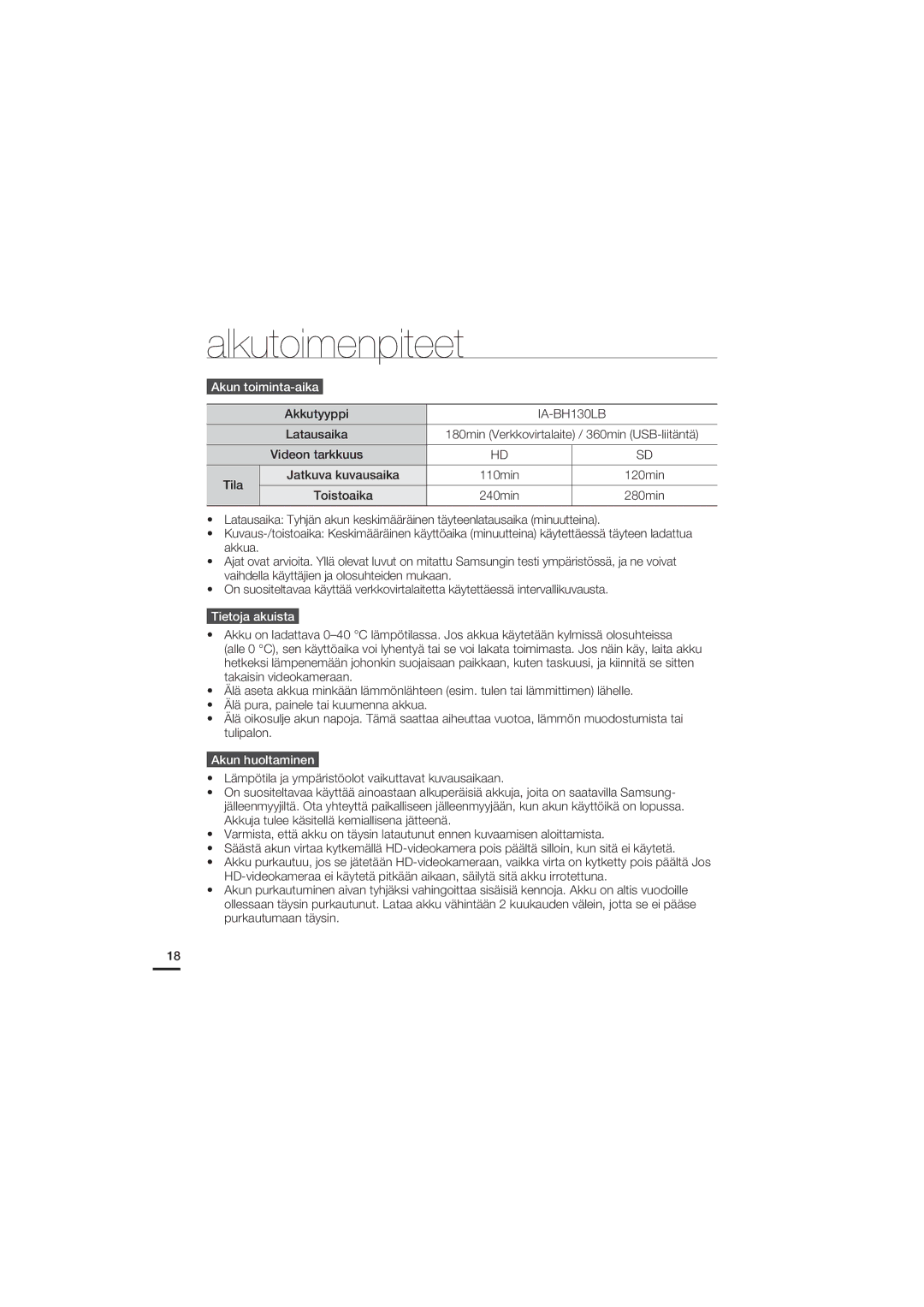 Samsung HMX-U20BP/EDC manual Akun toiminta-aika, Akkutyyppi, Latausaika, Tietoja akuista, Akun huoltaminen 