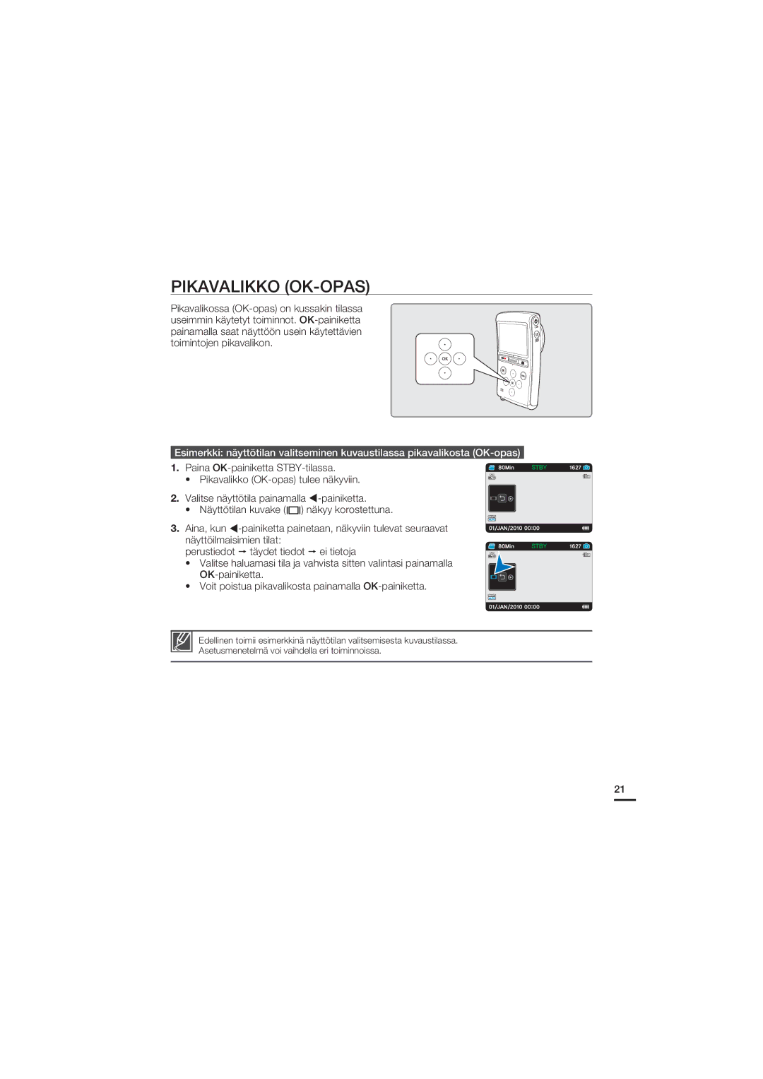 Samsung HMX-U20BP/EDC manual Pikavalikko OK-OPAS 