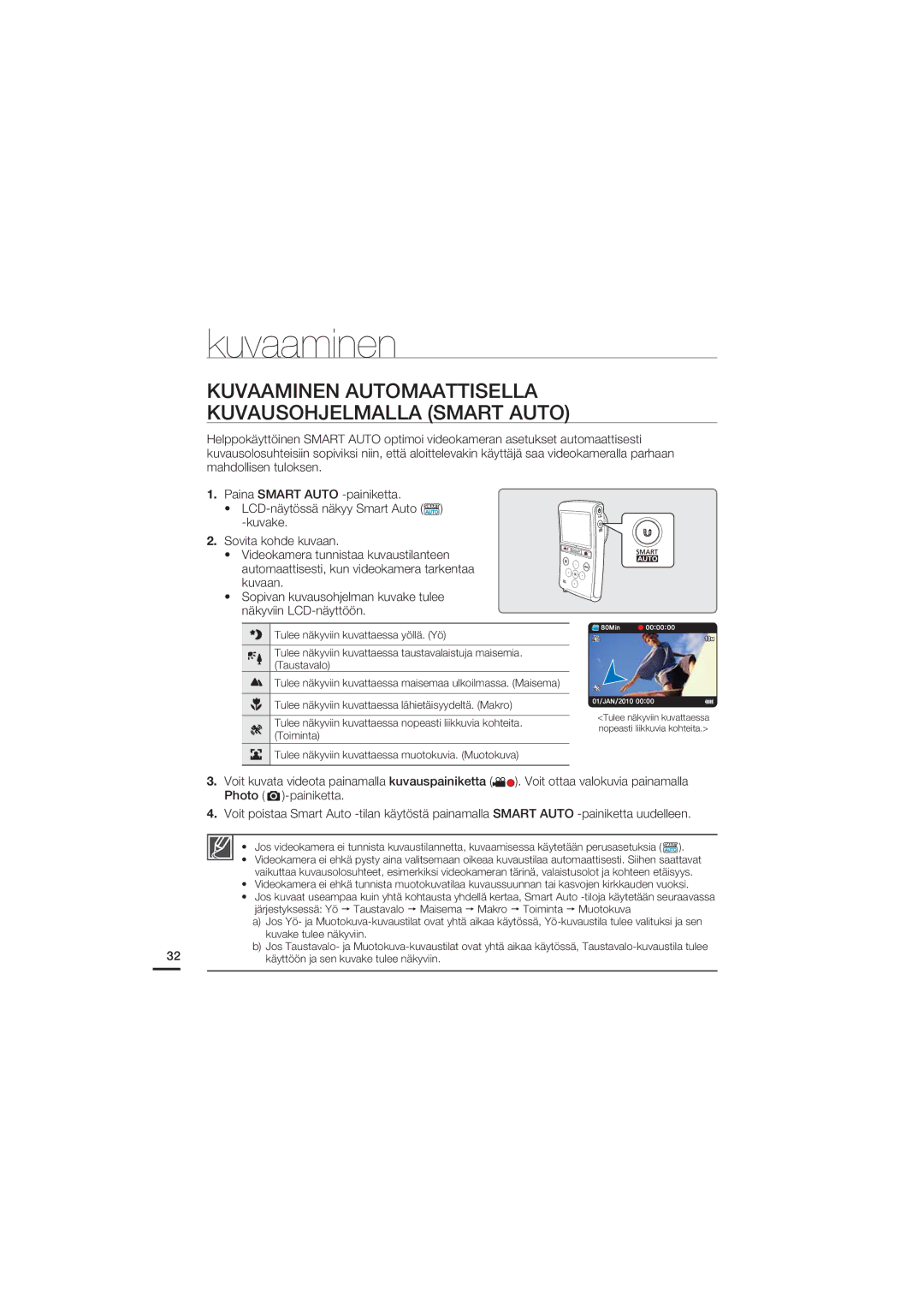 Samsung HMX-U20BP/EDC manual Kuvaaminen Automaattisella Kuvausohjelmalla Smart Auto 