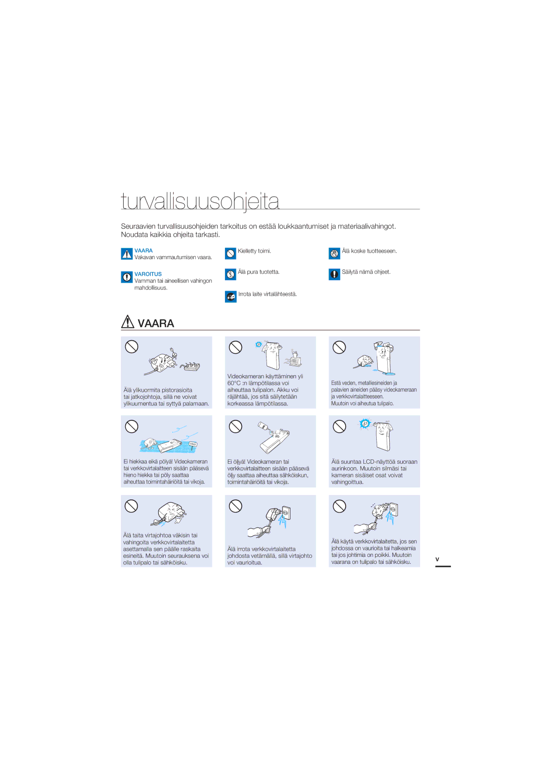 Samsung HMX-U20BP/EDC manual Turvallisuusohjeita, Vaara 