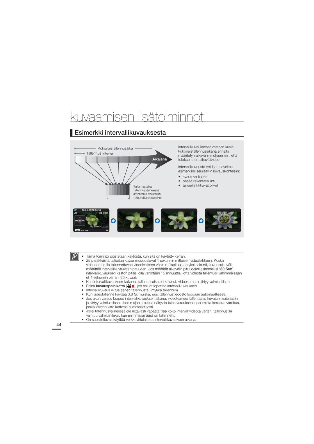 Samsung HMX-U20BP/EDC manual Esimerkki intervallikuvauksesta, Aikajana 