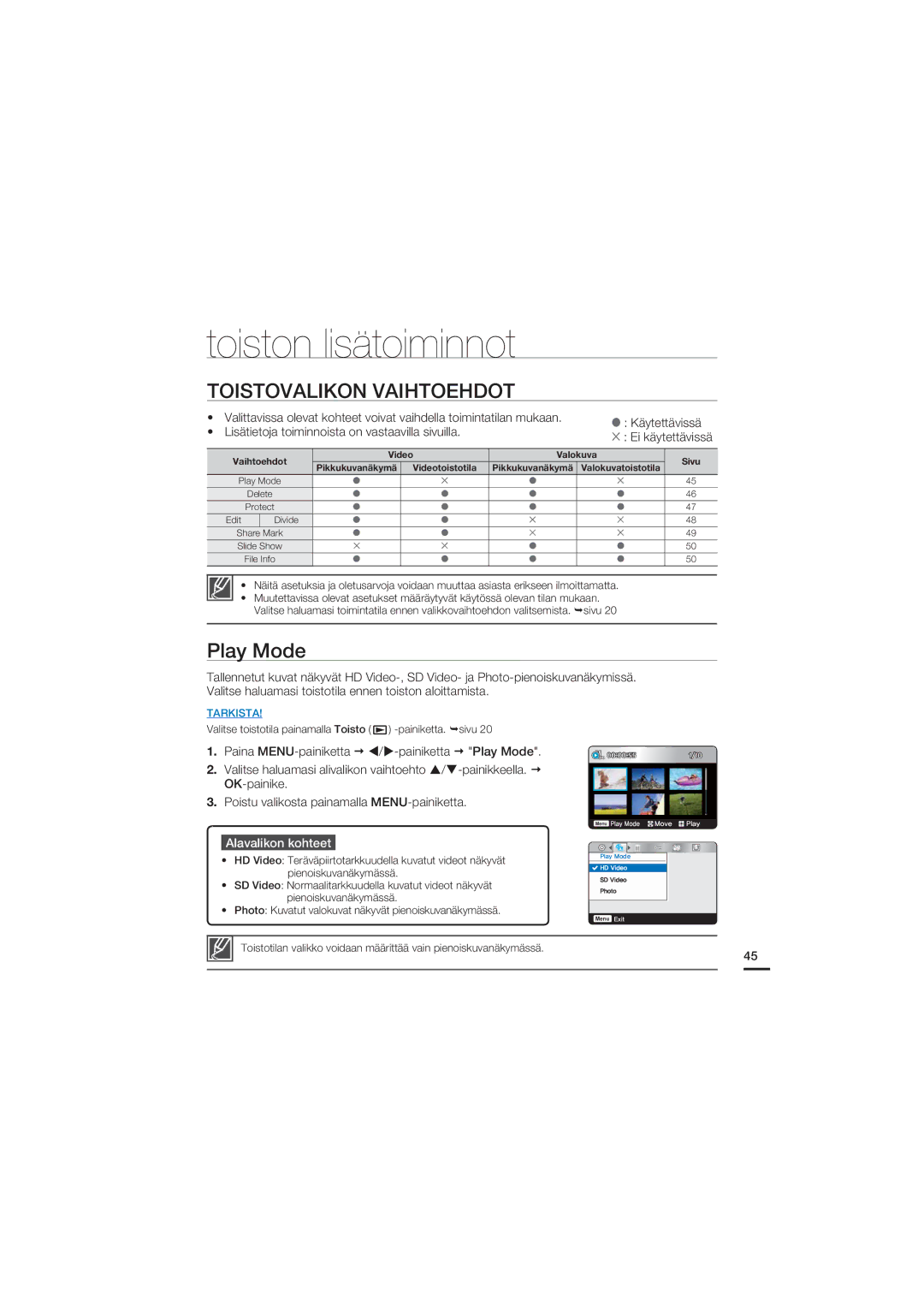 Samsung HMX-U20BP/EDC manual Toiston lisätoiminnot, Toistovalikon Vaihtoehdot, Play Mode 