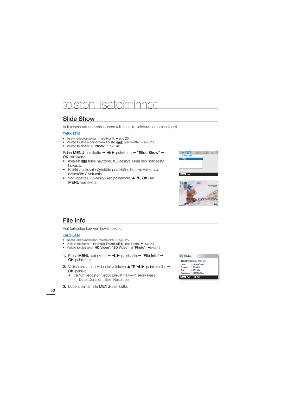 Samsung HMX-U20BP/EDC manual Slide Show, File Info, Voit tarkastaa kaikkien kuvien tiedot 