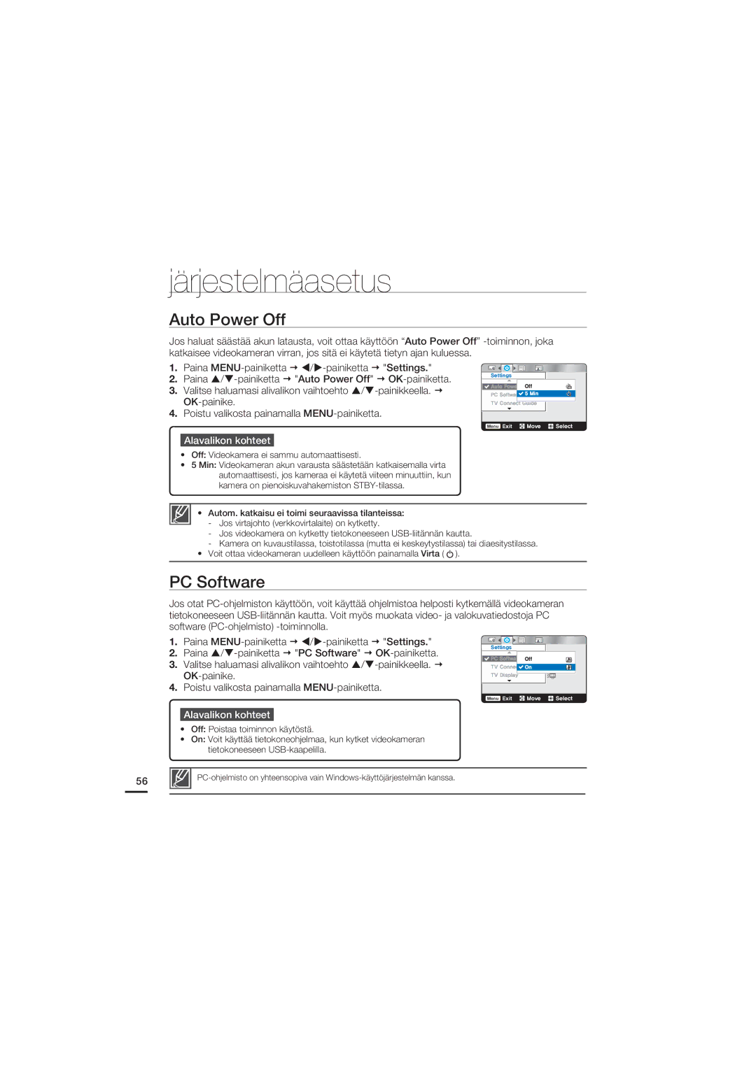 Samsung HMX-U20BP/EDC manual Auto Power Off, PC Software 