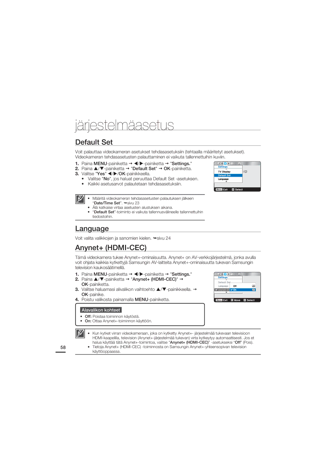 Samsung HMX-U20BP/EDC manual Default Set, Language, Anynet+ HDMI-CEC, Voit valita valikkojen ja sanomien kielen. sivu 