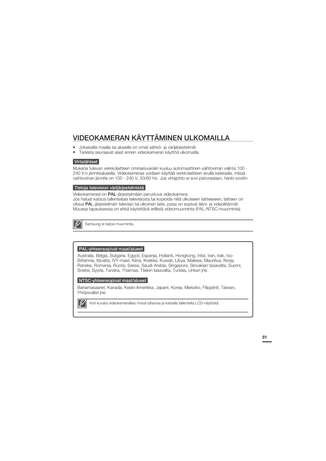 Samsung HMX-U20BP/EDC manual Videokameran Käyttäminen Ulkomailla, Virtalähteet, Tietoja television värijärjestelmistä 