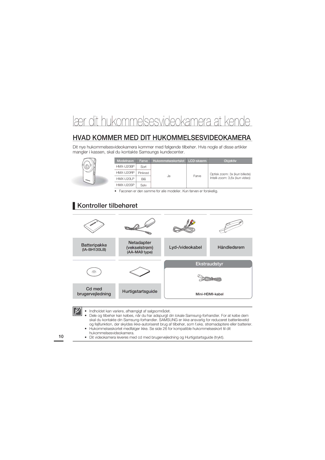 Samsung HMX-U20BP/EDC manual Hvad Kommer MED DIT Hukommelsesvideokamera, Kontroller tilbehøret, Ekstraudstyr 