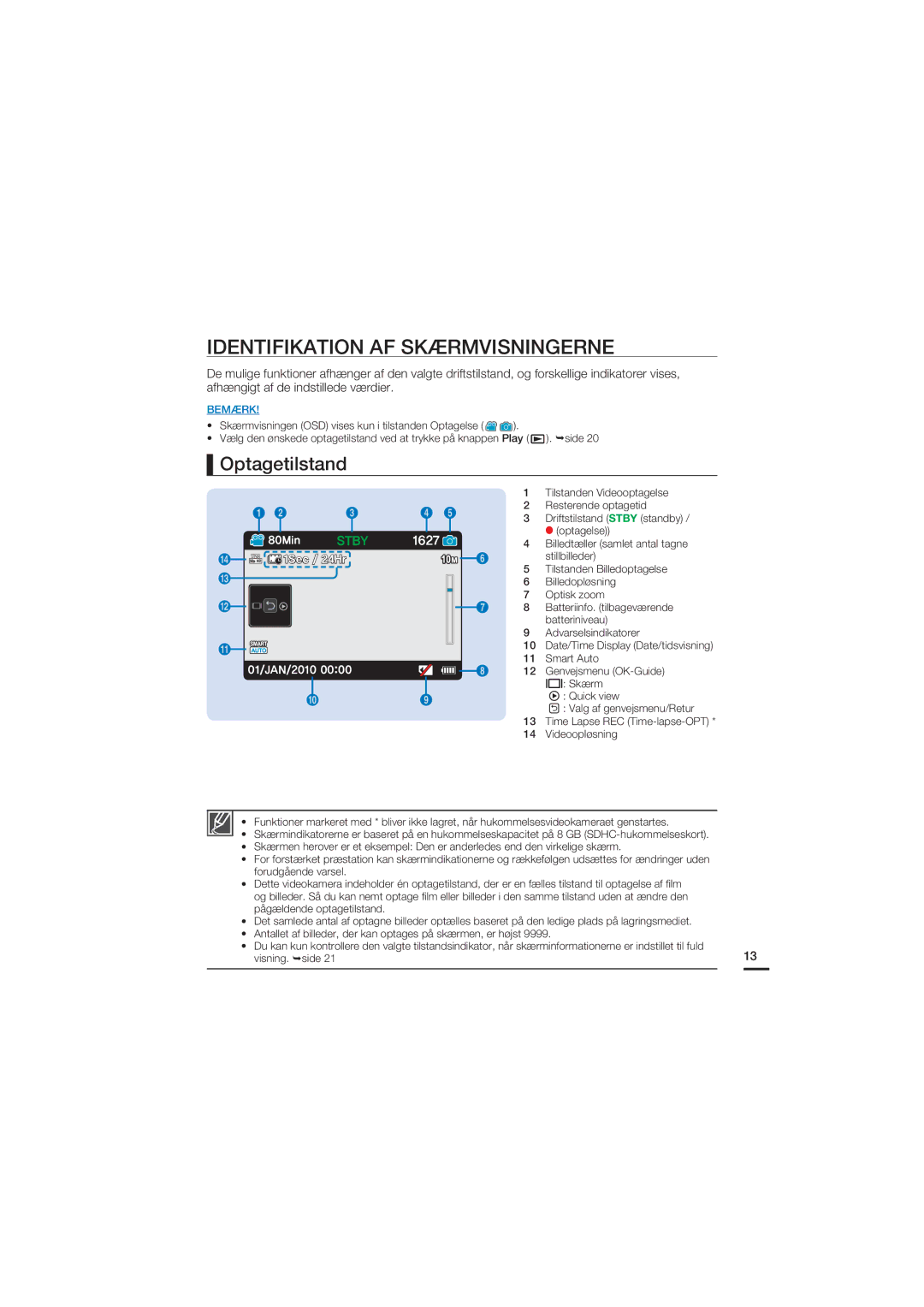 Samsung HMX-U20BP/EDC manual Identifikation AF Skærmvisningerne, Optagetilstand 