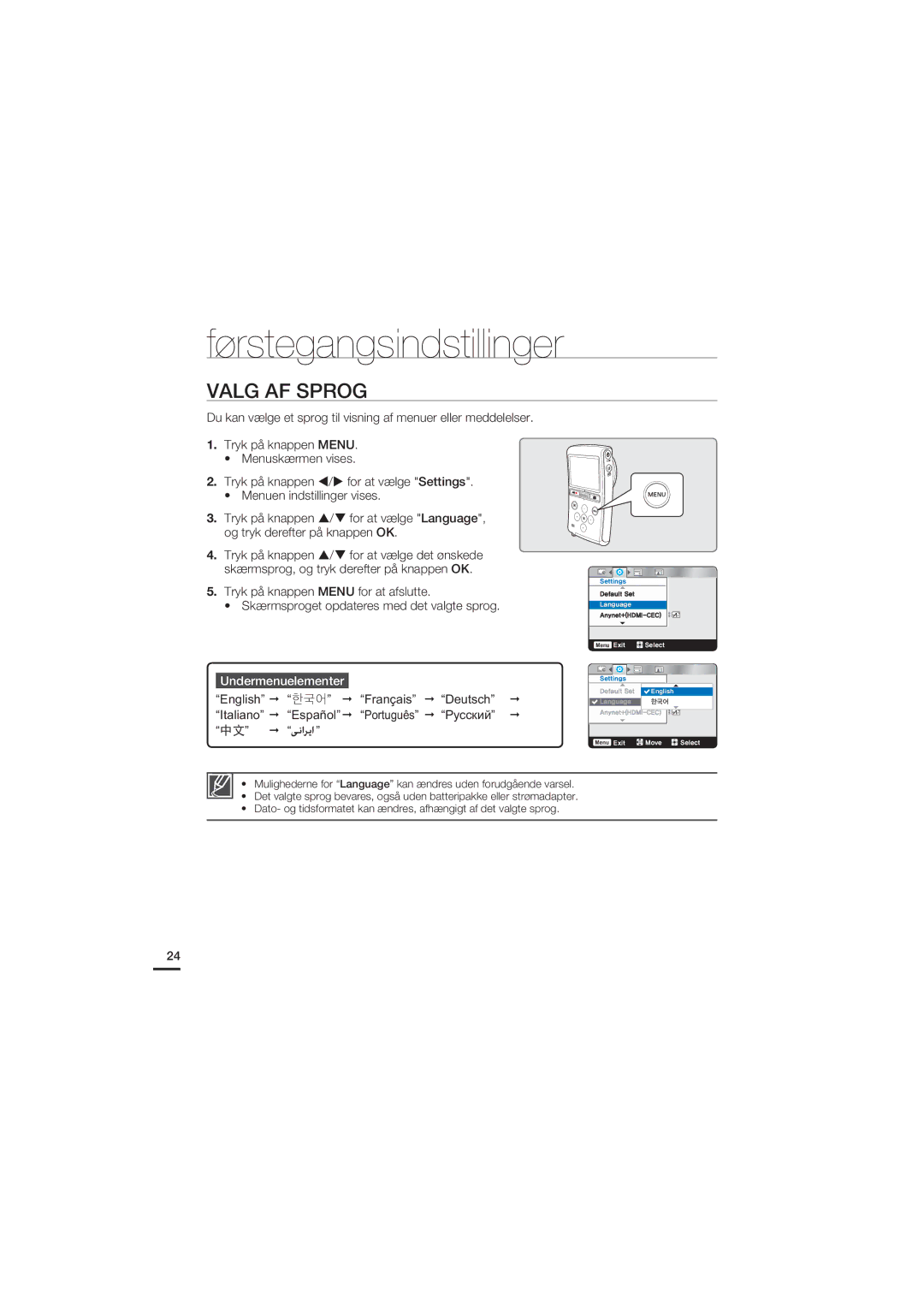 Samsung HMX-U20BP/EDC manual Valg AF Sprog, Undermenuelementer 