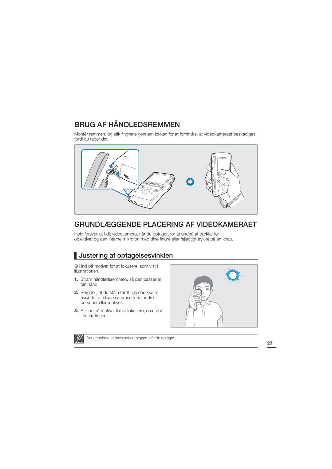 Samsung HMX-U20BP/EDC Brug AF Håndledsremmen, Grundlæggende Placering AF Videokameraet, Justering af optagelsesvinklen 