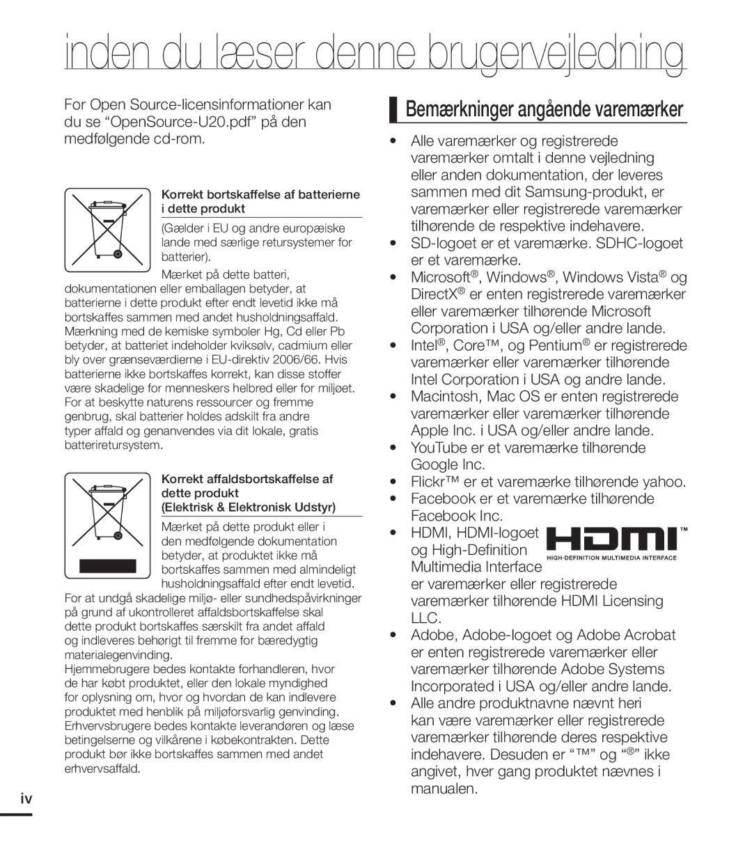 Samsung HMX-U20BP/EDC manual Inden du læser denne brugervejledning 