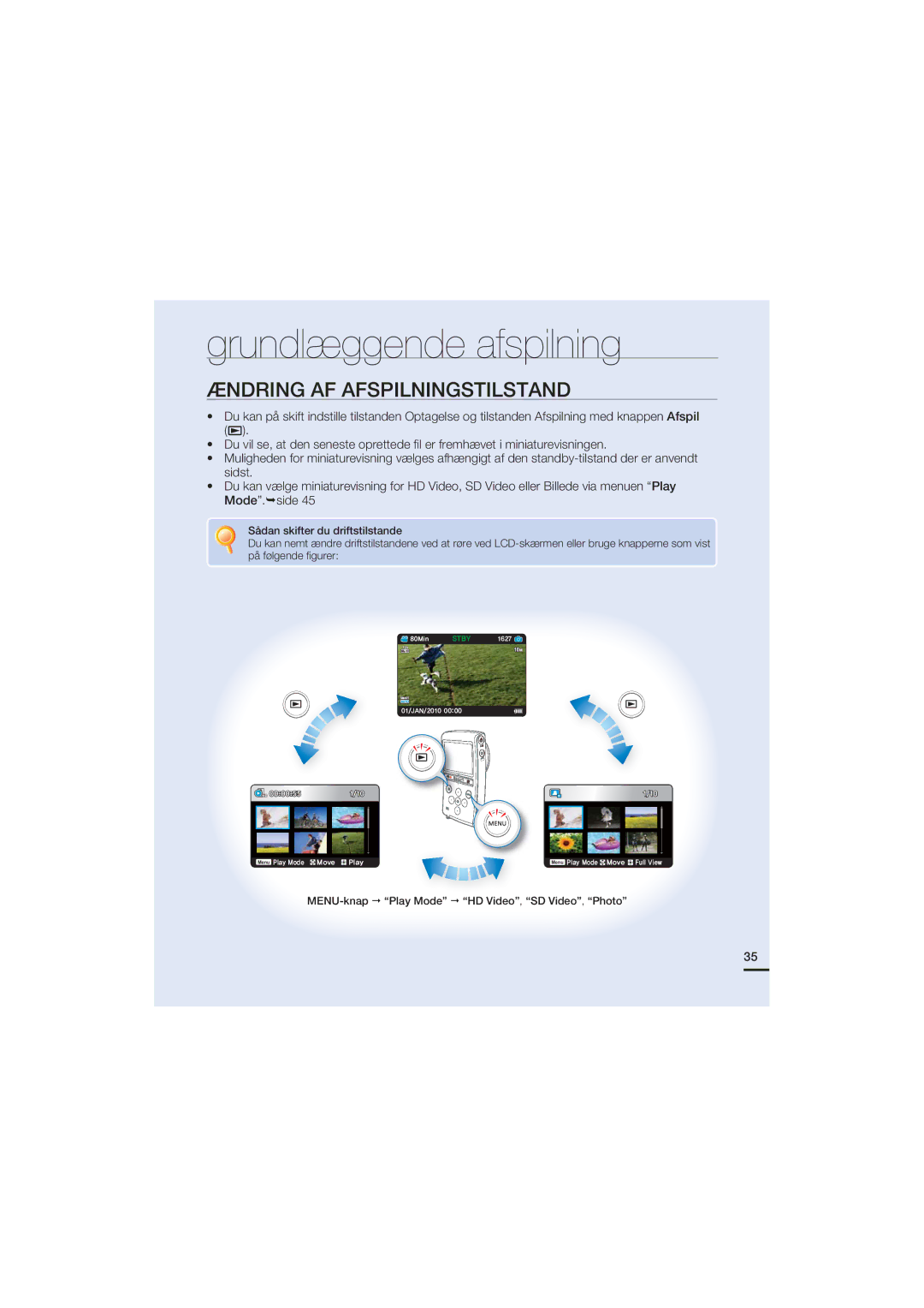 Samsung HMX-U20BP/EDC manual Grundlæggende afspilning, Ændring AF Afspilningstilstand 