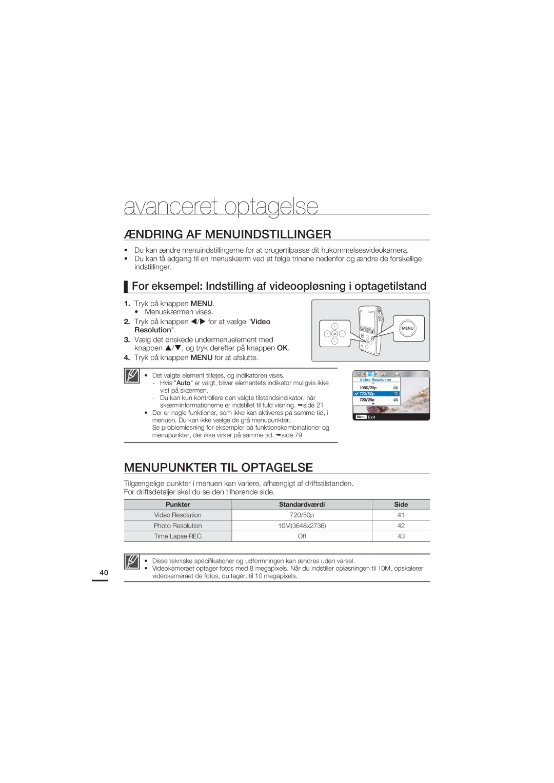 Samsung HMX-U20BP/EDC manual Avanceret optagelse, Ændring AF Menuindstillinger, Menupunkter TIL Optagelse 