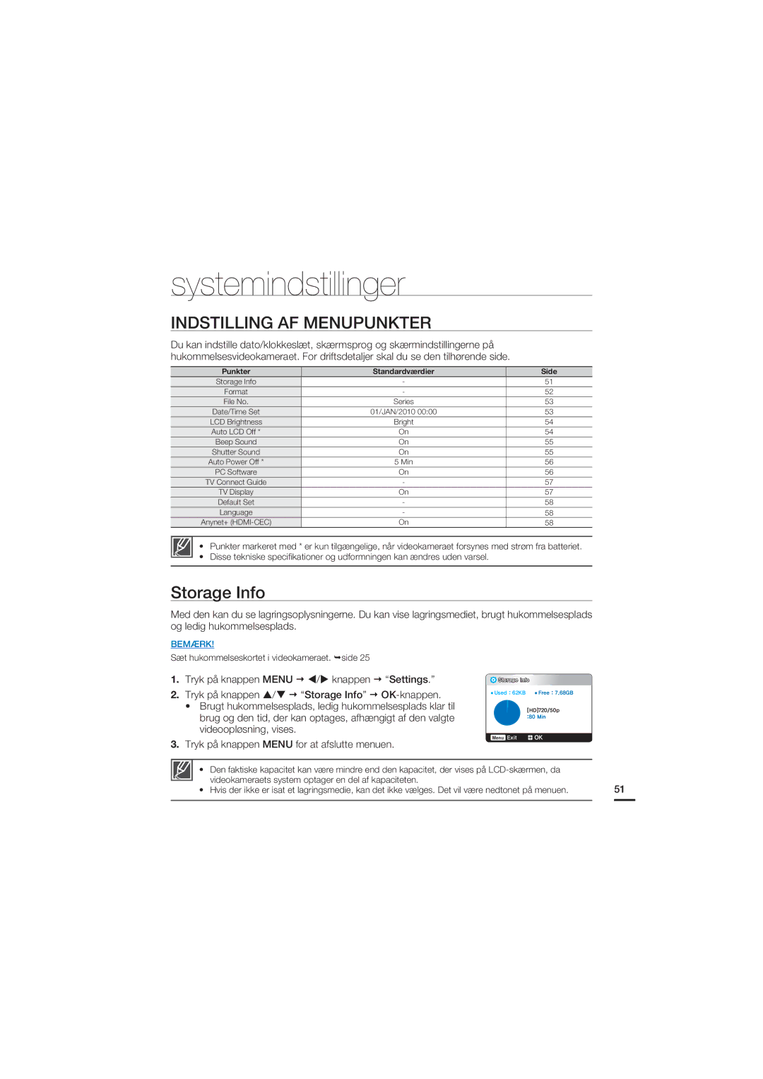 Samsung HMX-U20BP/EDC manual Systemindstillinger, Indstilling AF Menupunkter, Storage Info 