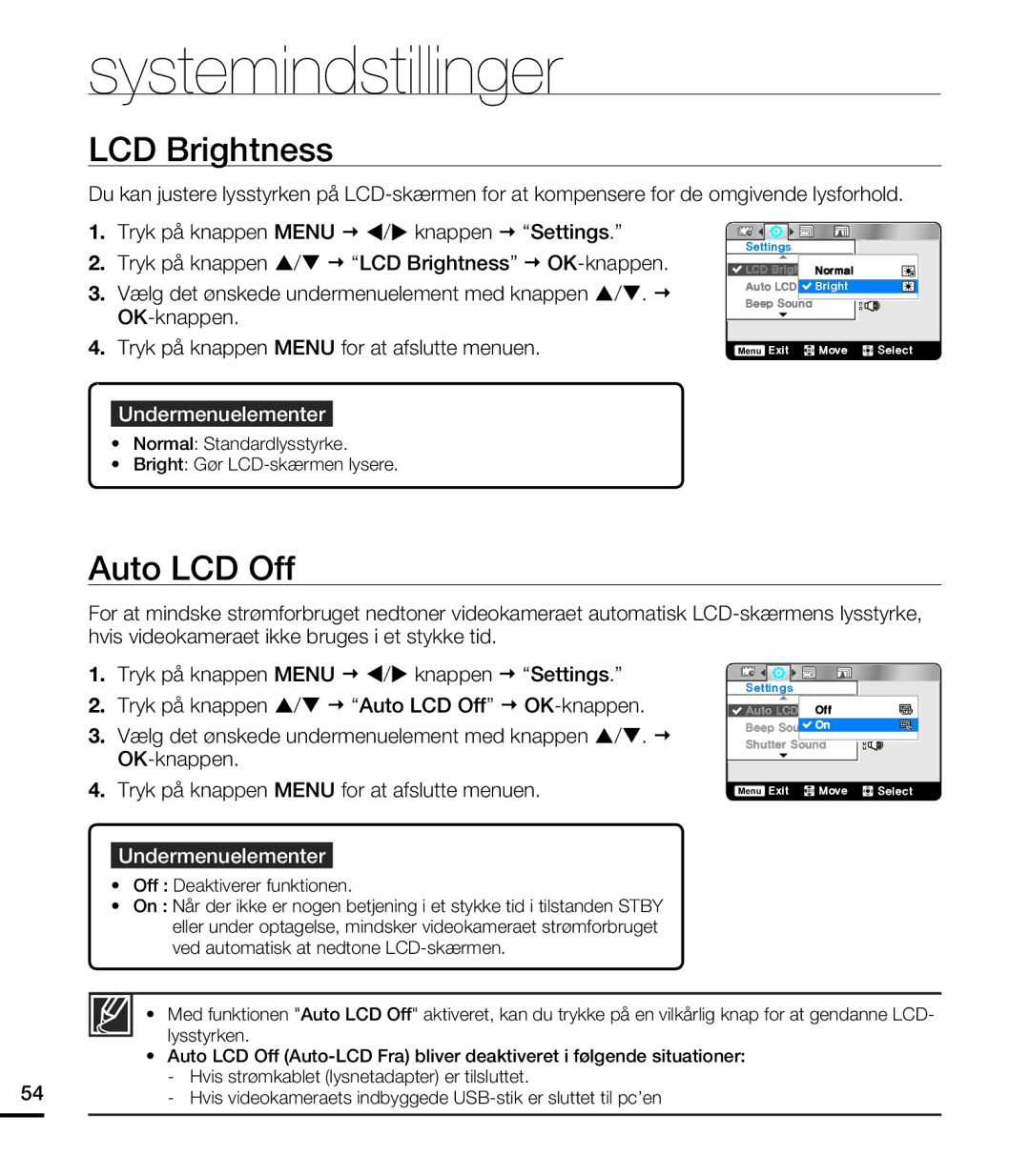 Samsung HMX-U20BP/EDC manual Systemindstillinger 