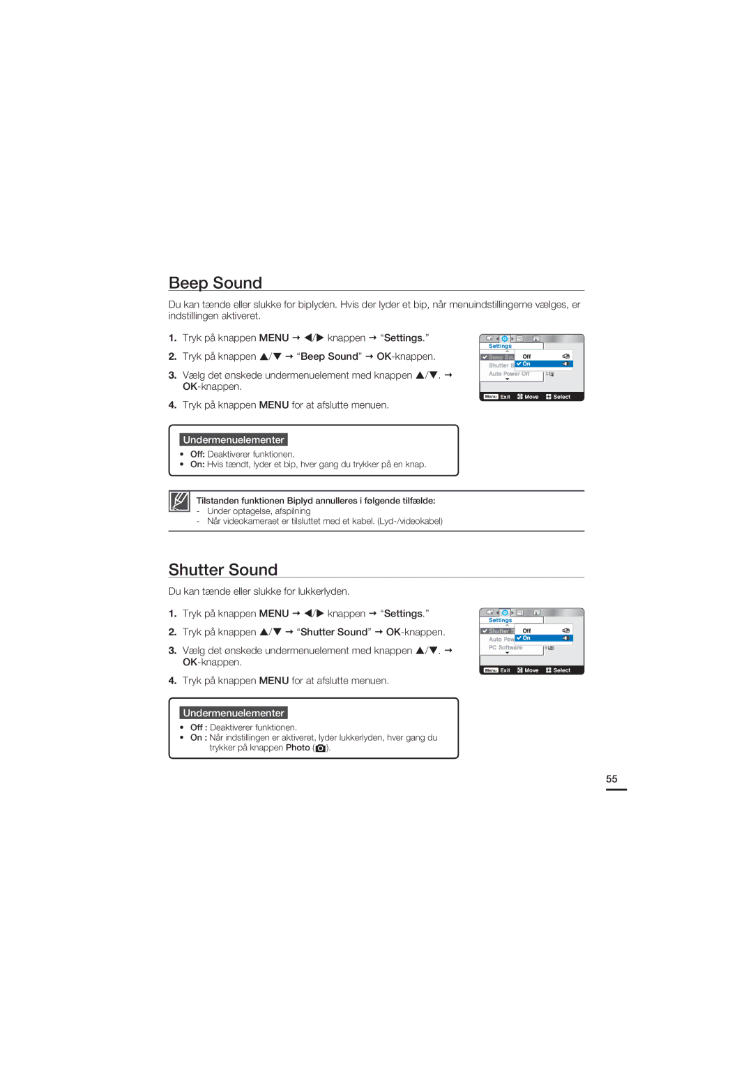 Samsung HMX-U20BP/EDC manual Beep Sound, Shutter Sound 