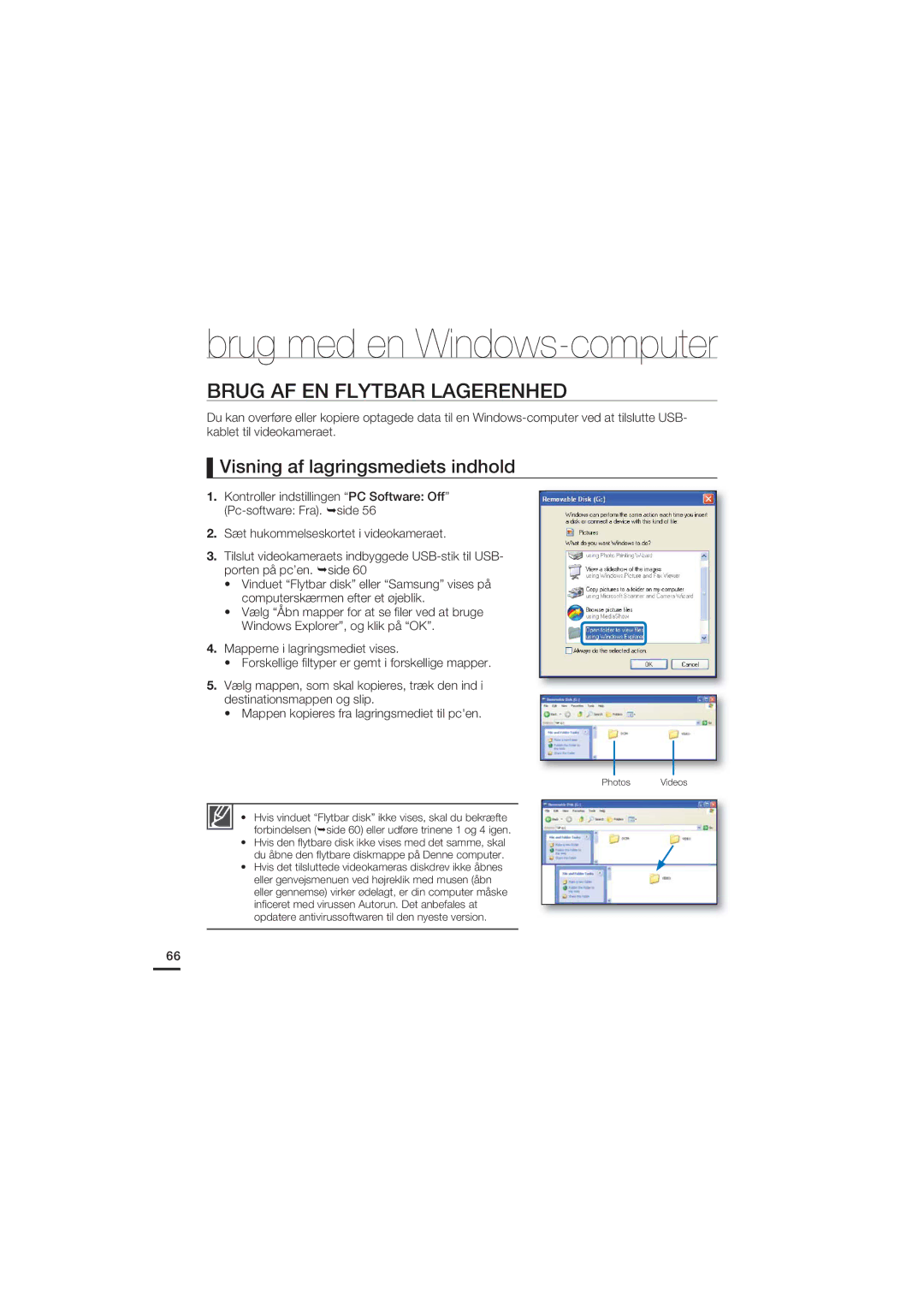 Samsung HMX-U20BP/EDC manual Brug AF EN Flytbar Lagerenhed, Visning af lagringsmediets indhold 