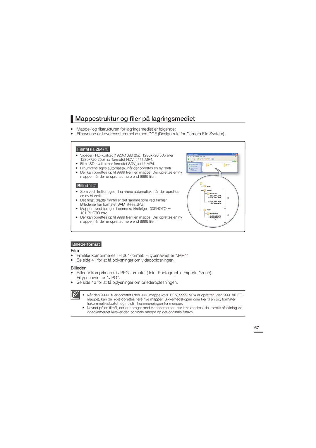 Samsung HMX-U20BP/EDC manual Mappestruktur og ﬁler på lagringsmediet, Filmﬁl H.264 ➀, Billedﬁl ➁, Billederformat 