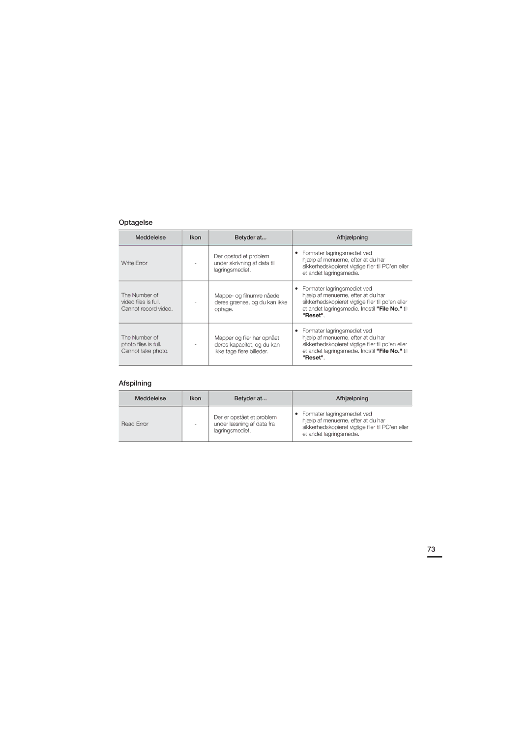 Samsung HMX-U20BP/EDC manual Afspilning, Reset 