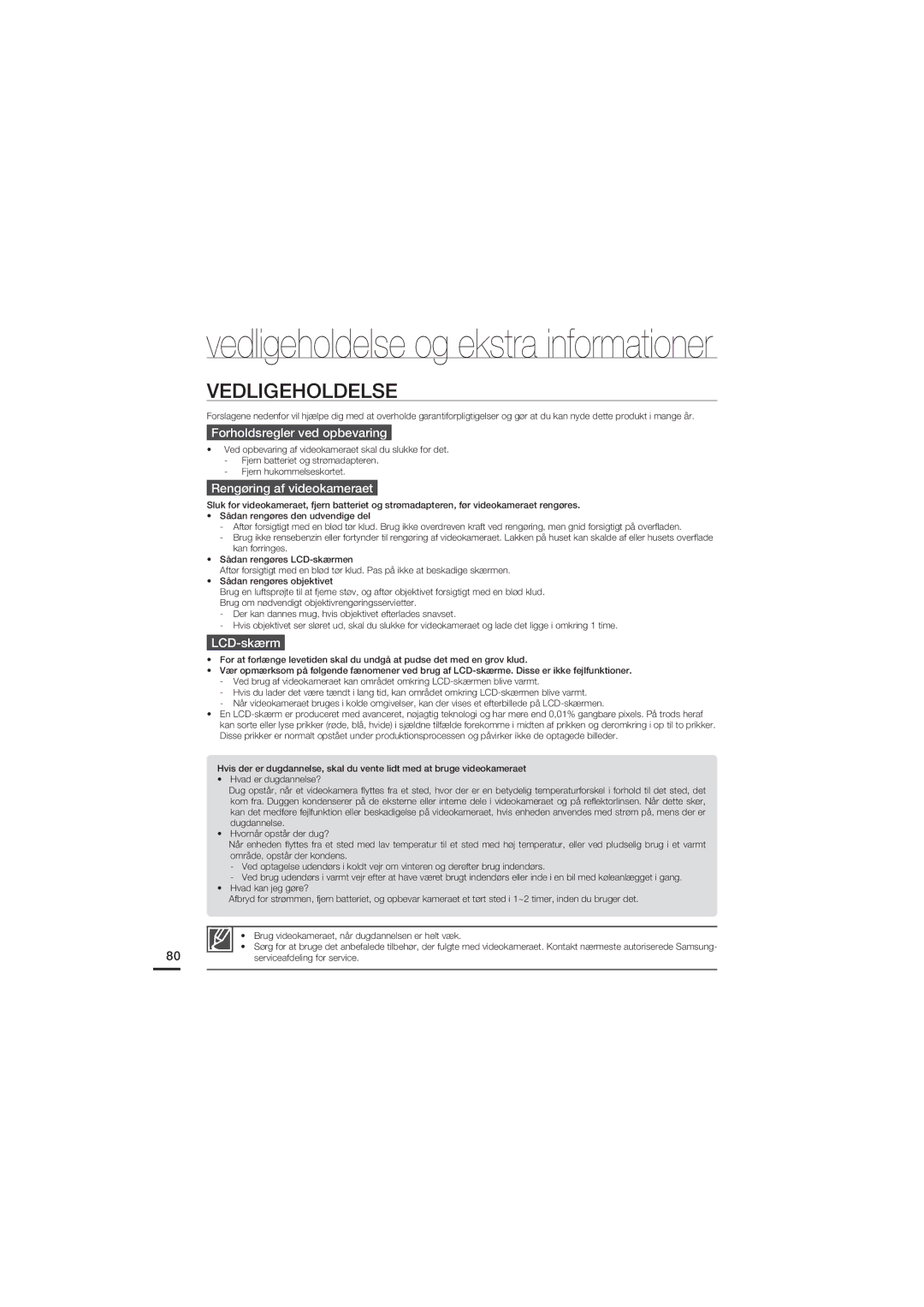 Samsung HMX-U20BP/EDC manual Vedligeholdelse, Forholdsregler ved opbevaring, Rengøring af videokameraet, LCD-skærm 