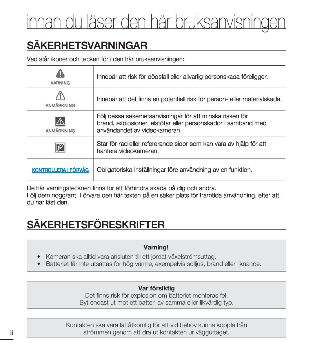 Samsung HMX-U20BP/EDC manual Säkerhetsvarningar, Säkerhetsföreskrifter, Varning, Var försiktig 