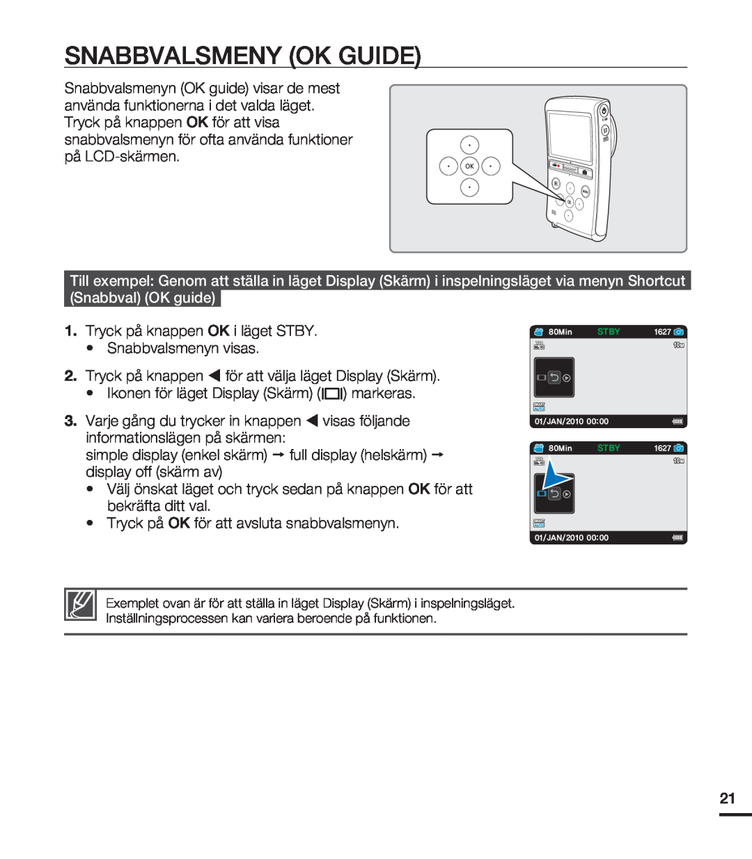 Samsung HMX-U20BP/EDC manual Snabbvalsmeny Ok Guide 
