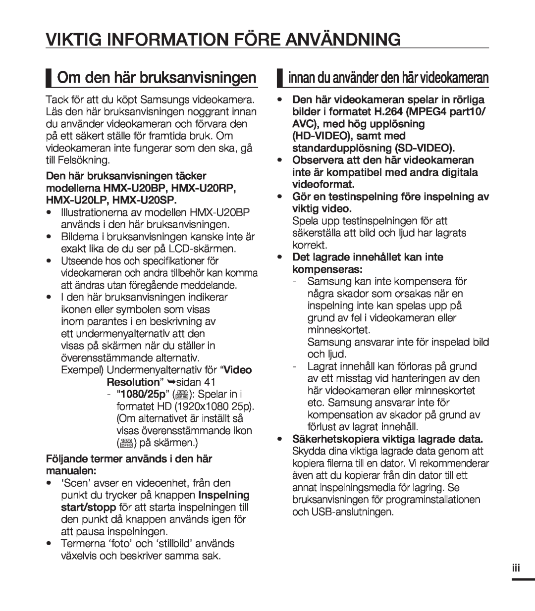 Samsung HMX-U20BP/EDC manual Viktig Information Före Användning, Om den här bruksanvisningen 