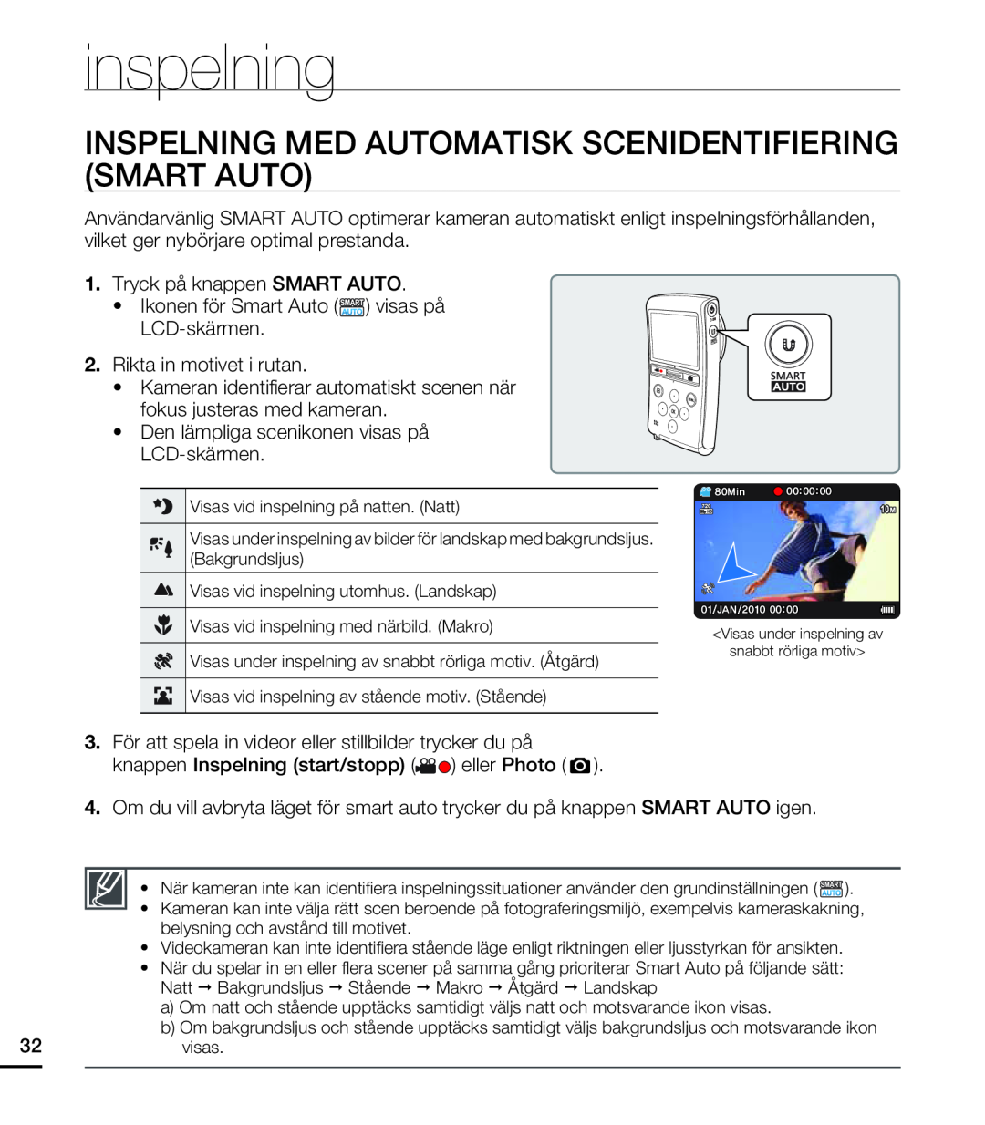 Samsung HMX-U20BP/EDC manual Inspelning Med Automatisk Scenidentifiering Smart Auto, inspelning 