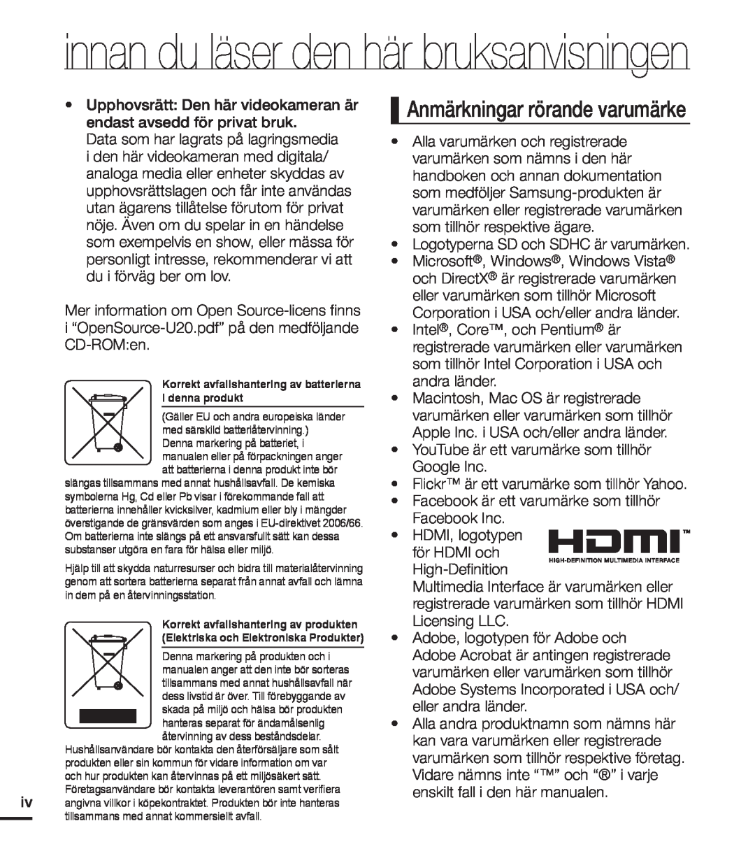 Samsung HMX-U20BP/EDC manual innan du läser den här bruksanvisningen, Anmärkningar rörande varumärke 