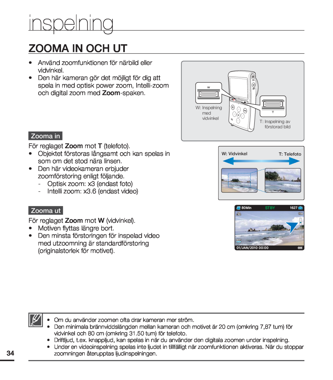 Samsung HMX-U20BP/EDC manual Zooma In Och Ut, Zooma in, Zooma ut, inspelning 