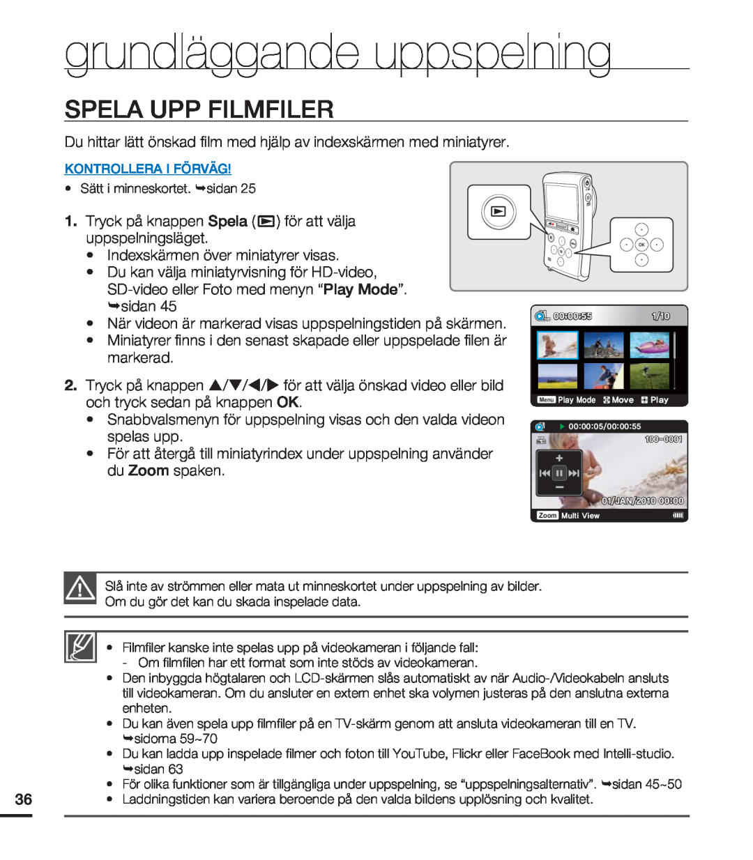 Samsung HMX-U20BP/EDC manual Spela Upp Filmfiler, grundläggande uppspelning 