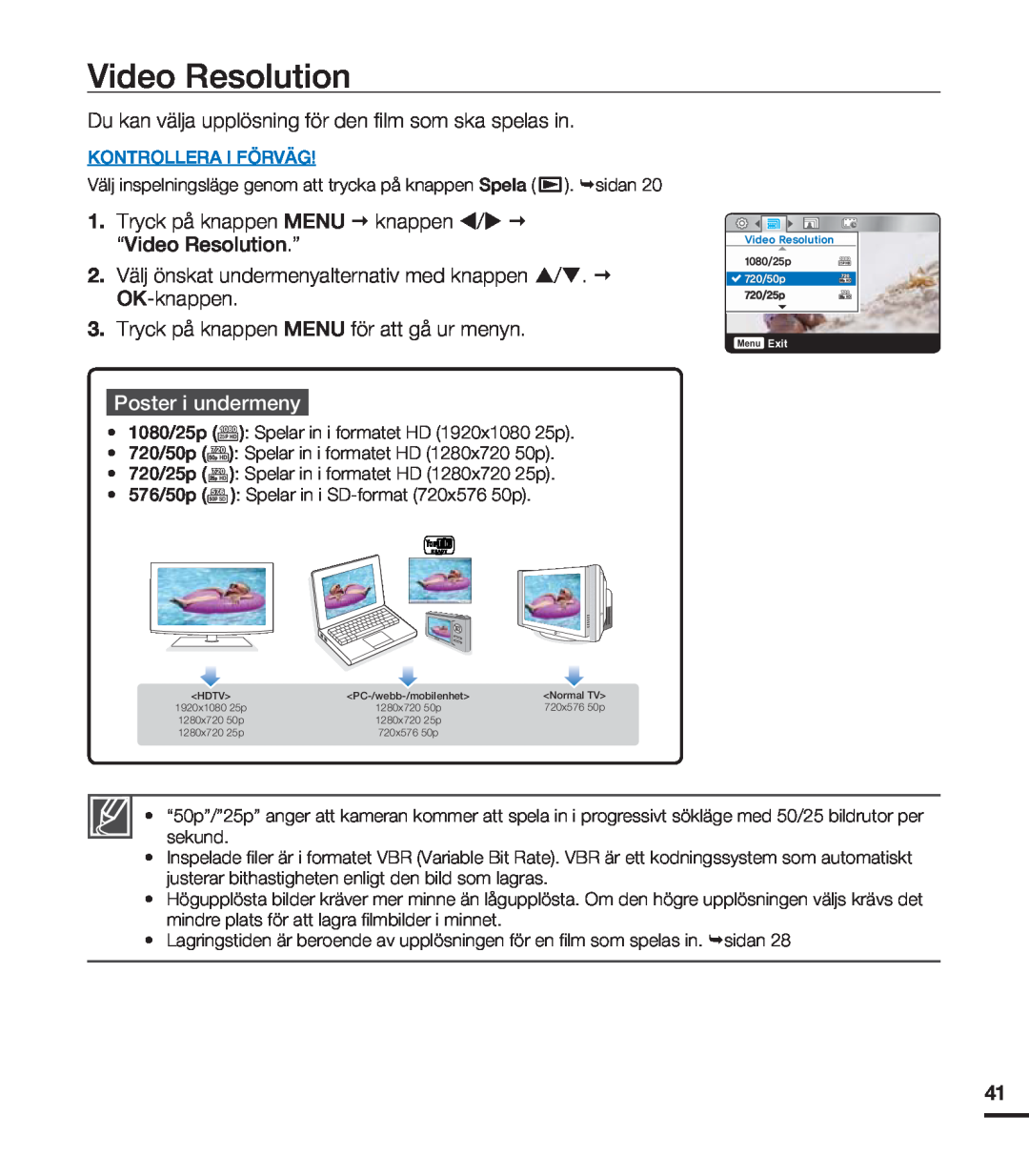 Samsung HMX-U20BP/EDC manual Video Resolution, Poster i undermeny, Kontrollera I Förväg 