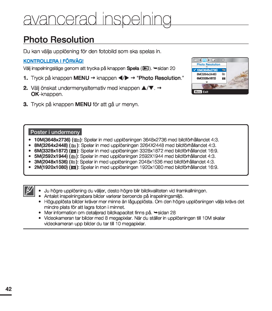 Samsung HMX-U20BP/EDC manual Photo Resolution, avancerad inspelning, Poster i undermeny, Kontrollera I Förväg, . Y 