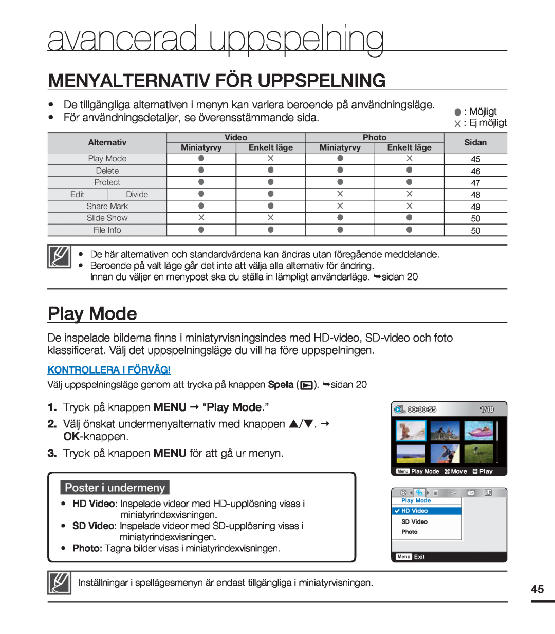 Samsung HMX-U20BP/EDC manual avancerad uppspelning, Menyalternativ För Uppspelning, Play Mode, Poster i undermeny 
