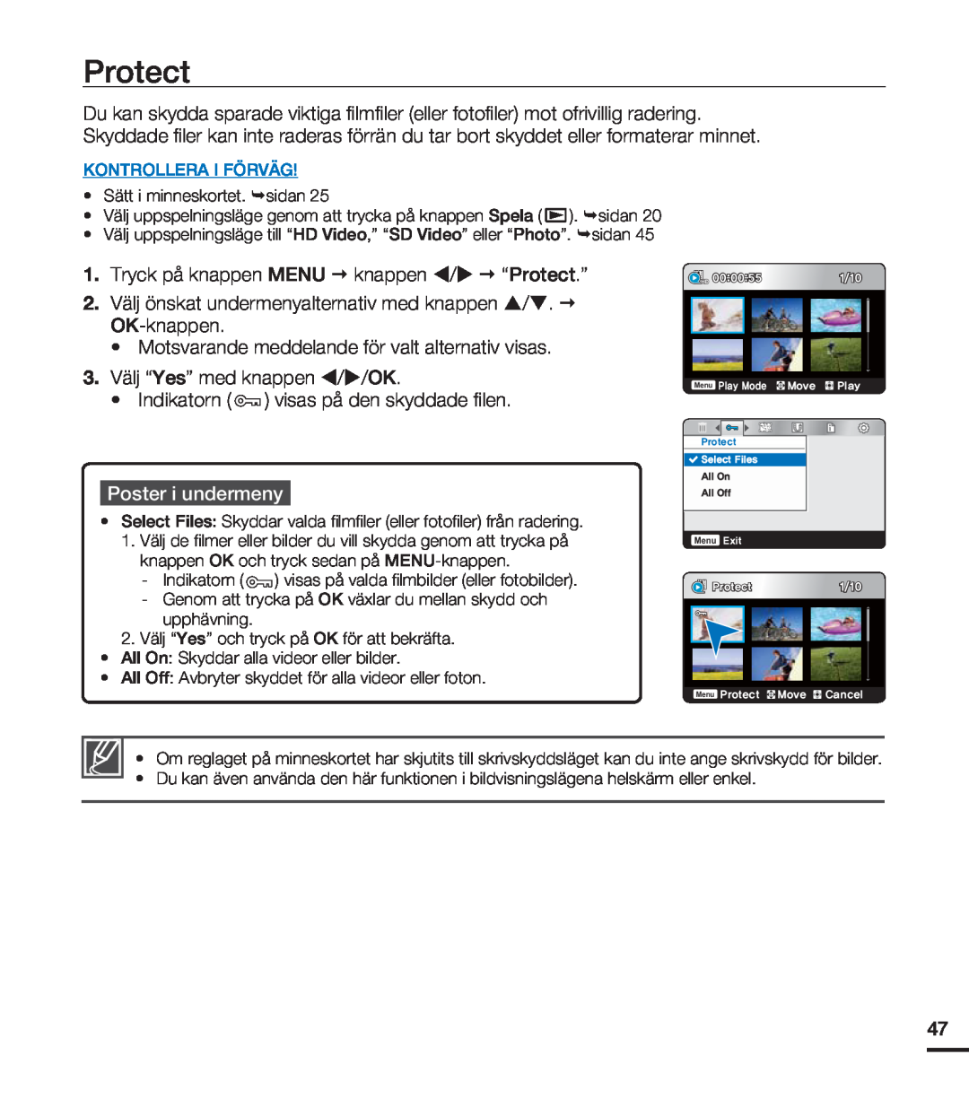 Samsung HMX-U20BP/EDC manual Protect, Poster i undermeny, Kontrollera I Förväg, MM0GG 