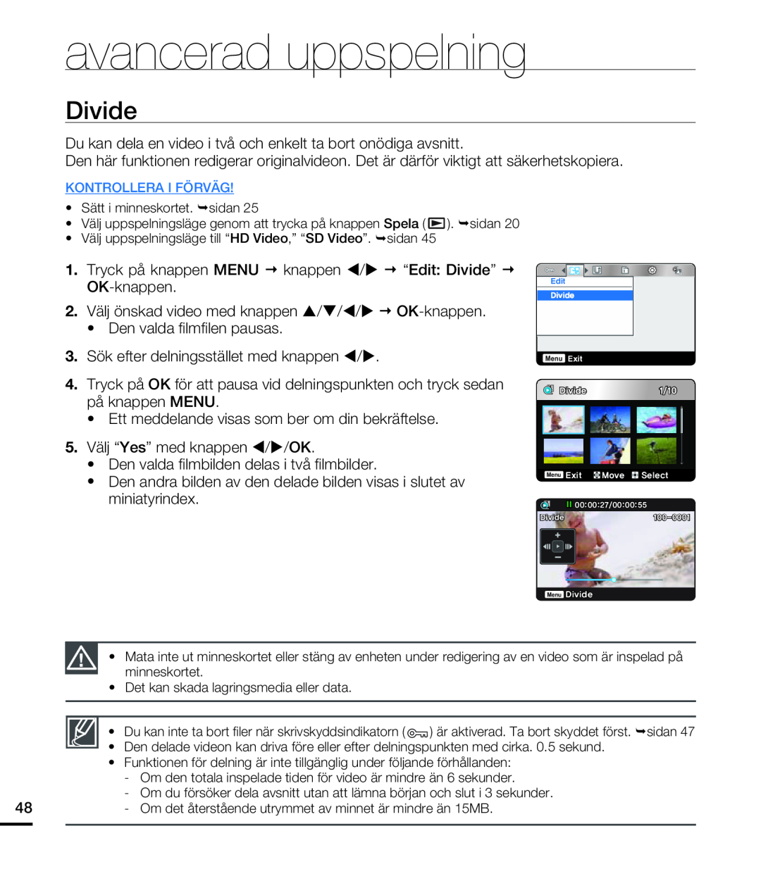 Samsung HMX-U20BP/EDC manual Divide, avancerad uppspelning, OK-knappen 