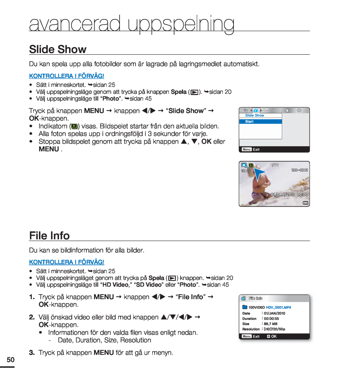 Samsung HMX-U20BP/EDC manual Slide Show, File Info, avancerad uppspelning, Vsbujpo,  .# 